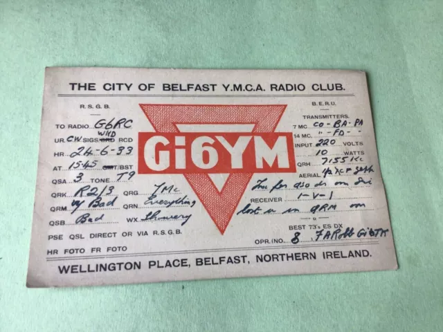 Vintage QSL Radio communication Card Belfast 1933   Ref 52618