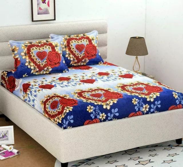 Indien Microfibre Floral Cœur Imprimé Double Drap de Lit Avec 2 Housse Oreiller,