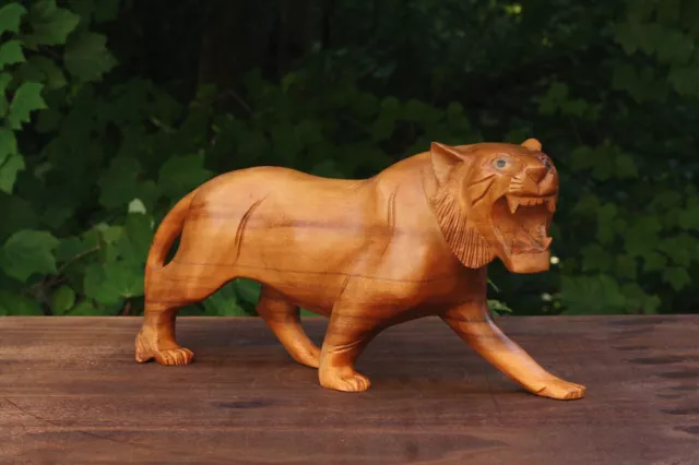 Wooden Hand Carved Tiger Statue Figurine Sculpture Home Decor Accent Handmade 2