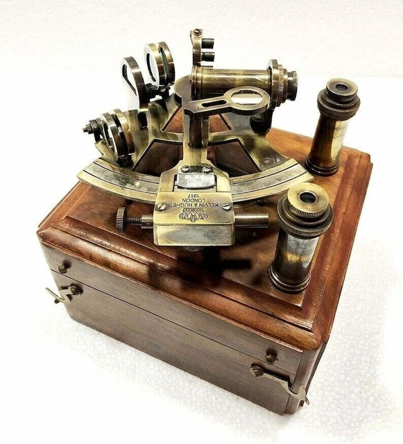 Vintage Marine Astrolabe Ship Nautical Pirate Telescope & Sextant With Wood Box