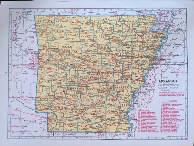 1945 Two-Sided Color Railroad Map Arkansas/California Hammond 9.25x12.25"