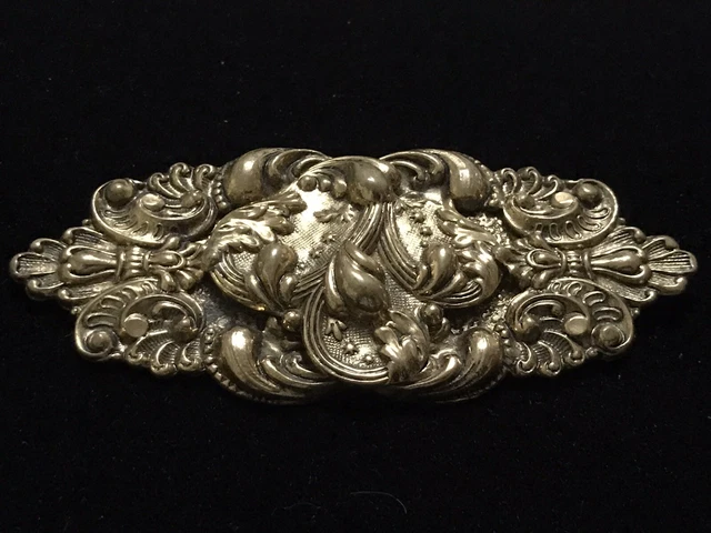 Vintage Victorian Revival Brooch Ornate Repousse 4” Pressed Brass