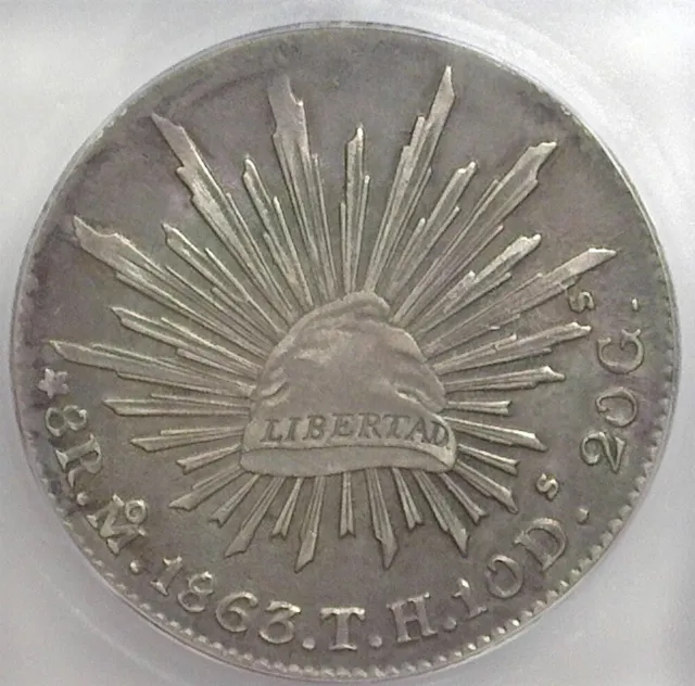 MEXICO ~ 1863-Mo,TH SILVER 8 REALES ~ ICG EF45 ~ KM# 377.10