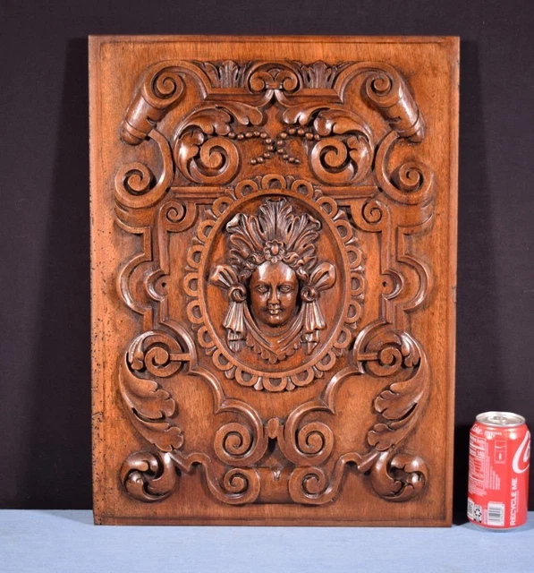 *French Antique Hand Carved Architectural Door Panel Walnut Wood with Face