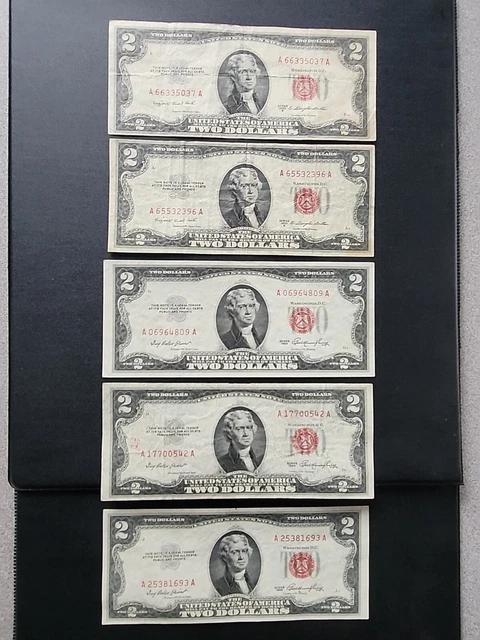 Lot Of 5 2 $ Dollar Silver Certificate Bills Red 1953 Series Nice Bills