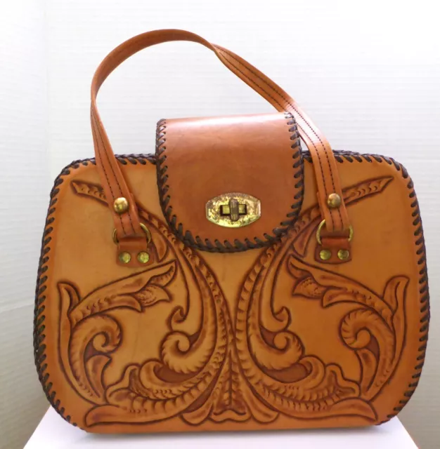 Leather Hand Tooled Embossed Mexican Handbag Western Bag Top Handle Brown 60s