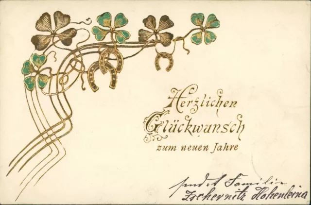 Neujahr - Jugenstil - Kleeblatt, Hufeisen - Präge-Gold 1902 Goldrand 2