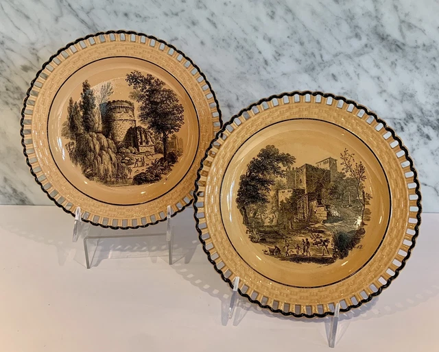French Creil Et Montereau Pierced Basket Architectural Transfer Plates 19th C