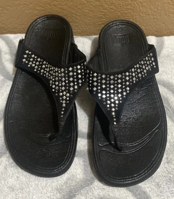 FitFlop Silver Mirrored Studs Sandals Black Suede Size 7