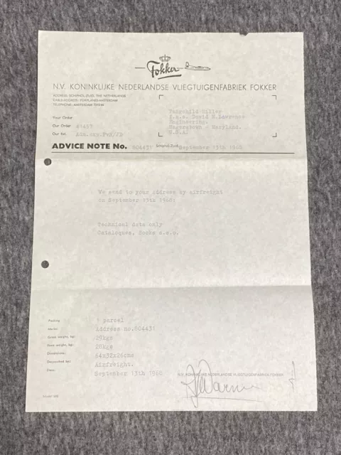 VTG 1968 FOKKER Royal Netherlands Aircraft Factory company letterhead - KLM