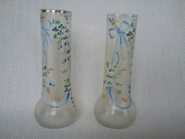 Pair of Antique Victorian Hand Painted Enamelled Forget Me Not Glass Vases