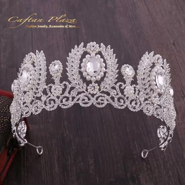 Tiara XL Diadema Corona Estrás Cristal Perlas Joyería Nupcial Boda Plata Barroco