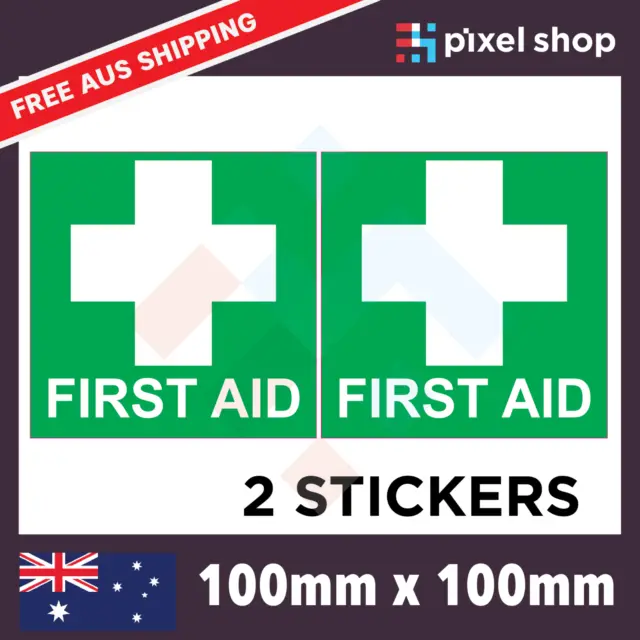 2 x First Aid Sticker 100mm Decal OHS WHS Car Window Work Ute 4x4 4wd Safety