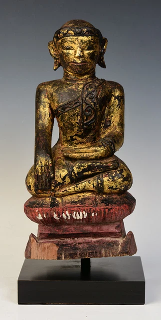 18th Century, Mon, Antique Burmese Wooden Seated Buddha