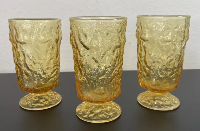 Lot of 3 Vintage Anchor Hocking Amber Lido Milano Crinkle Water Glasses