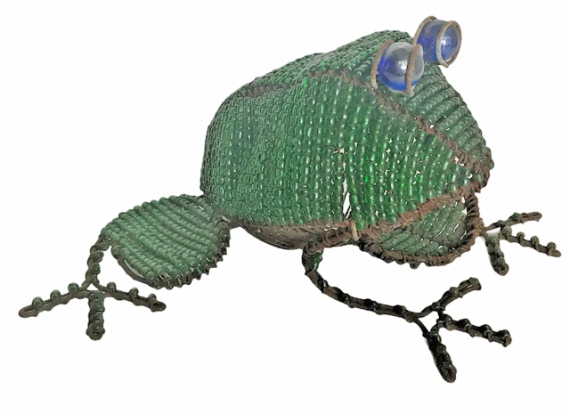 Glass Beaded Large Green Frog Wired Marble Eyes Patio Decor Vintage