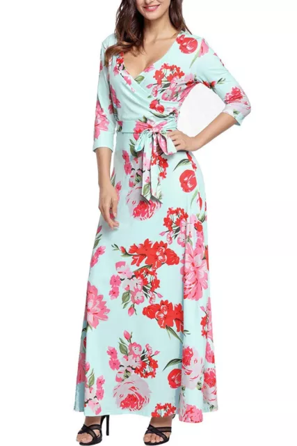 Light Green & Pink Floral Wrap 3/4 Sleeve Maxi Dress