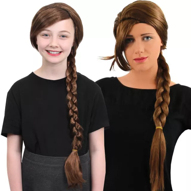 District Girl Brown Plait Wig School Book Day Character Fancy Dress Costume