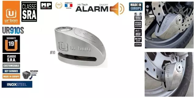 Antivol Bloque Disque Urban Hi-Tech Alarme + Avertisseur A+ homologation  SRA + Housse /ø10mm