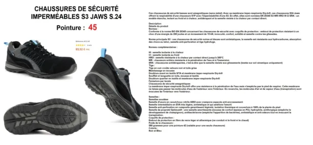 Chaussures De Sécurité Imperméables S3 Jaws S.24  Taille 45