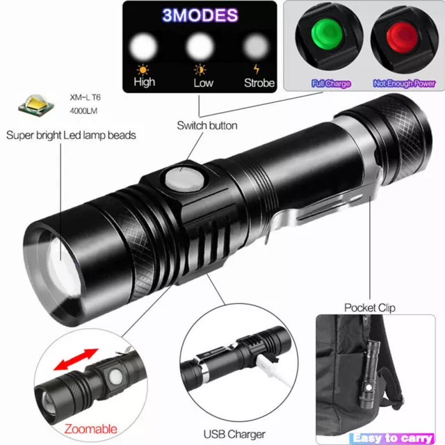 Lampe poche rechargeable Super Bright 50000LM LED torche à zoom 18650 3 modes