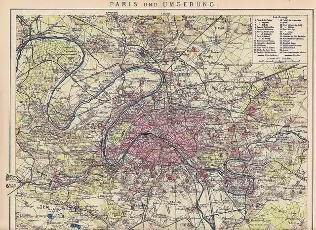 PARIS Louvre Bourse Pantheon St. Denis Versailles STADTPLAN von 1906 MAP