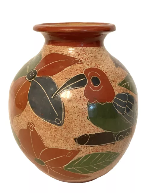 Central American Carved Parrot Bird Flowers Folk Art Pottery Vase (Costa Rican?)