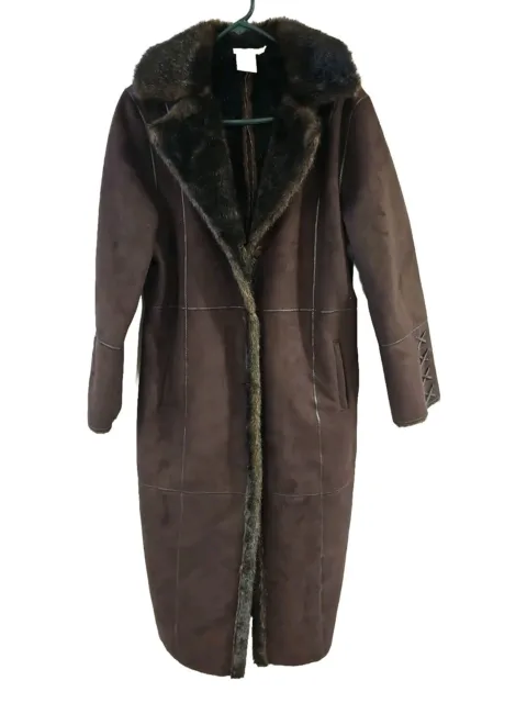 Pamela McCoy Collection Shearling Faux Fur Lined Long Coat Brown 3 Button