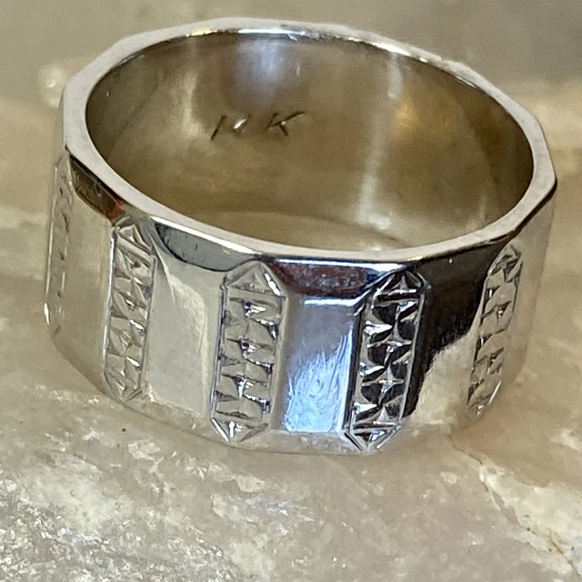 14K White Gold Mens 9.5mm Wide Celtic Engraved Wedding Band Sz 8.5 Ring 8.9g