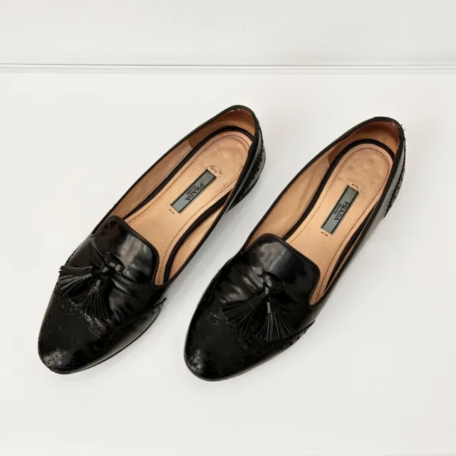Prada Spazzolato Wing-Tip Tassel Woman's Loafer Black Leather EU38 US 7
