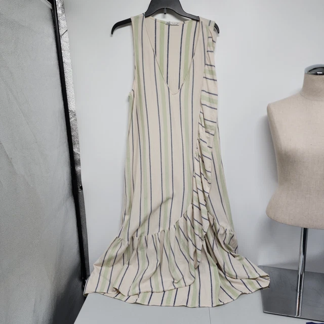 ZARA Size Large Striped CREAM GREEN MAXI DRESS RUFFLE RUSTIC BOHO sleeveless