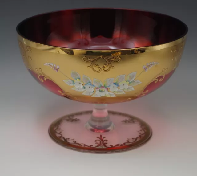 Bohemia Czech Crystal Red Enameled Flowers Gold Gilt Footed Center Bowl 9"