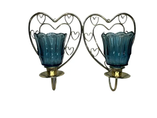 2 Home Interior Brass Finish Heart Shaped Candle Wall Sconces With ￼blue Votives