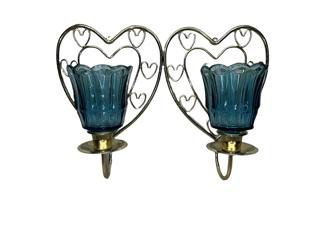 2 Home Interior Brass Finish Heart Shaped Candle Wall Sconces With ￼blue Votives