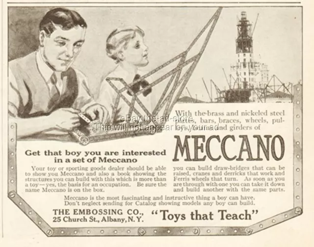 1912 Meccano Erector Set Embossing Co Albany New York Vintage Toy Magazine Ad