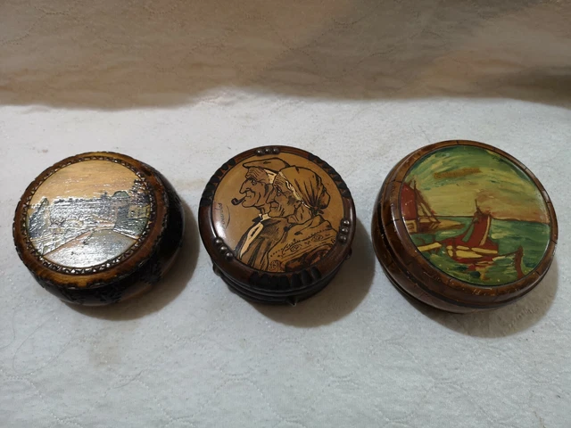 Lot de 3 ANCIENNES Boites Rondes en bois Peintes