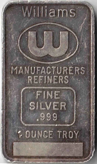 Williams Manufacturers Refiners 1 Oz .999 Fine Silver Bar