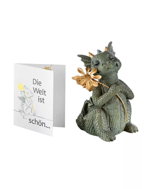 Juego de regalo LED dragón figura Okida 10 cm incl. tarjeta de felicitación flor metálica decoración NUEVO