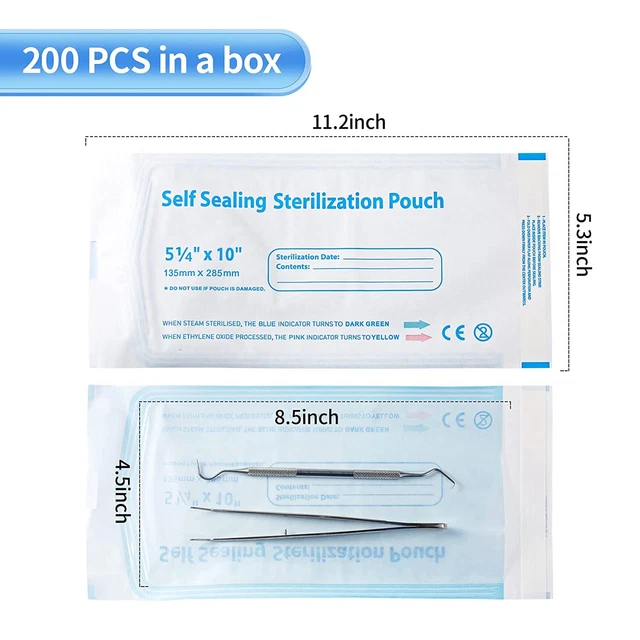 200 PCS Sterilization Pouches Sterilization Bags 5.3 x 11 inch Self Sterilizatio