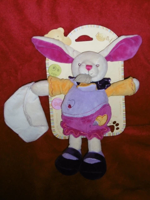 Doudou Peluche Babynat Lapin Violet Parme Rose Mouchoir Blanc Coeur Neuf