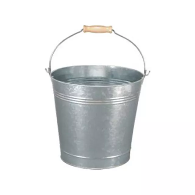 15L Large Traditional Galvanised Strong Steel Metal Bucket With Wooden Handle