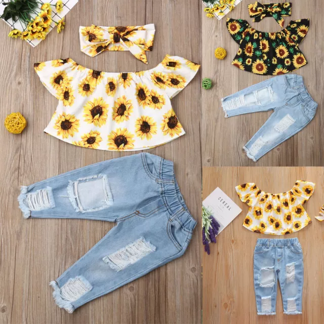 3PCS Toddler Kids Baby Girls T-shirt Tops+Hole Jeans Pants Clothes Outfits Set