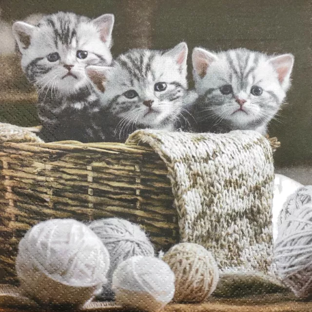 M812# 3x Single Paper Napkins For Decoupage Grey Kittens Cat In Yarn Ball Basket