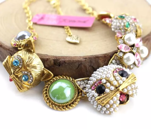 Betsy Johnson Retro Jewelry Fashion Pendant Rhinestone flower Cat Chain Nekklace
