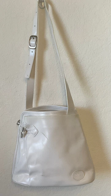 Longchamp Vintage Roseau White Leather Sling Crossbody Bag, Silver Bamboo Toggle