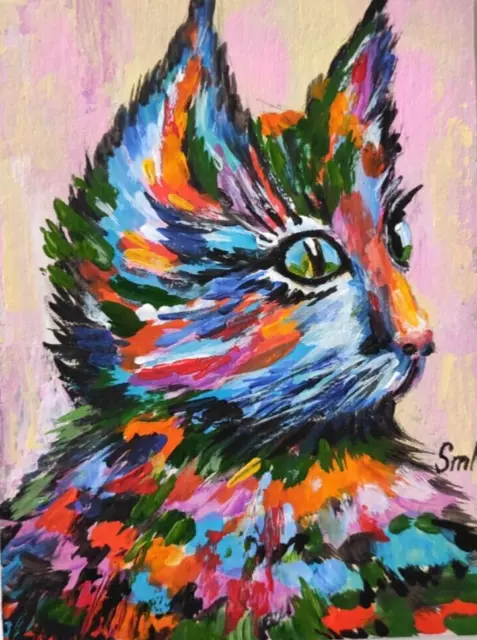 Original Art Cat Abstract Portrait Pet Outsider Painting Whimsical Face OOAK 8x6