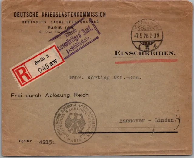 Schallstamps Germany 1928 Postal History Official Paid Reg Cover Canc Berlin