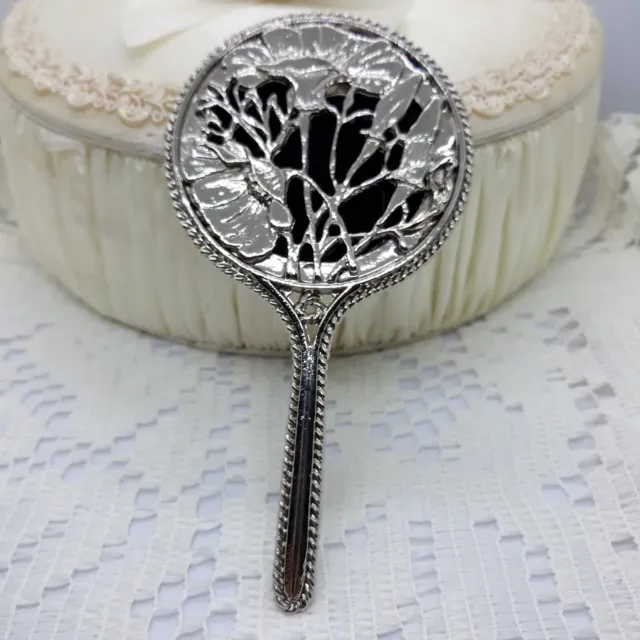 Vintage Small Hand Mirror Silver Tone with Floral Design