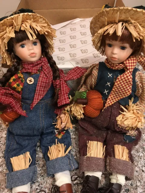 RARE Set Of 2 Heritage Collection Porcelain SCARECROW CUTIES Collector Dolls COA