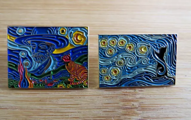 Set 2 Artist Vincent Van Gogh Starry Sky & Cats Art Mash Up Enamel Pin Badges